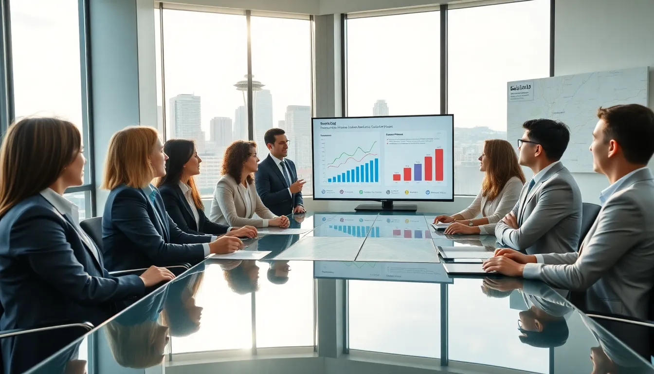 diverse real estate team discussing market trends in a modern office.