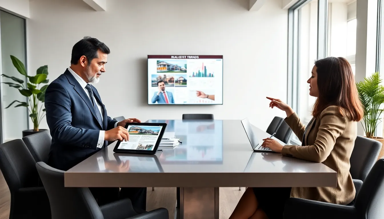diverse real estate professionals discussing newsletters in a modern office.