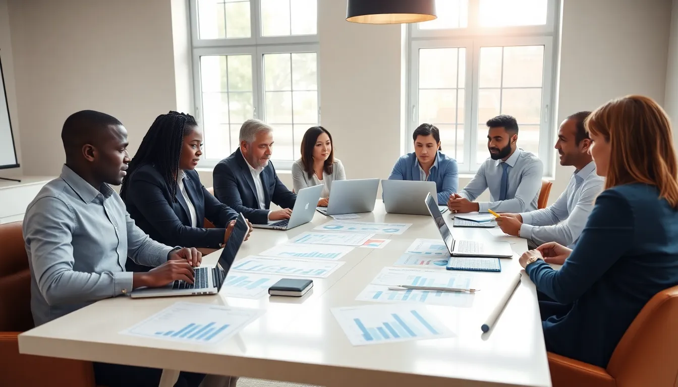 diverse financial advisors discussing mortgage options in a modern office.