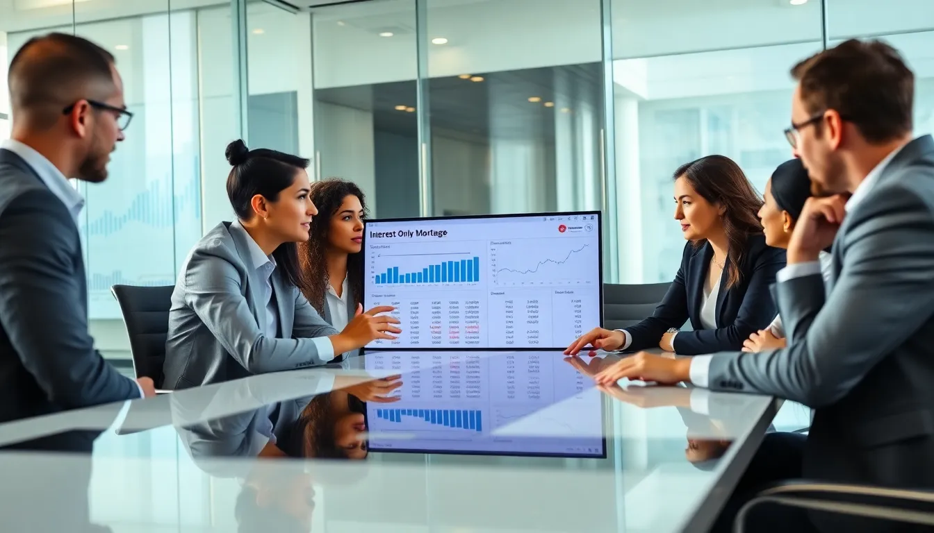 diverse finance team discussing interest-only mortgage payment calculator.