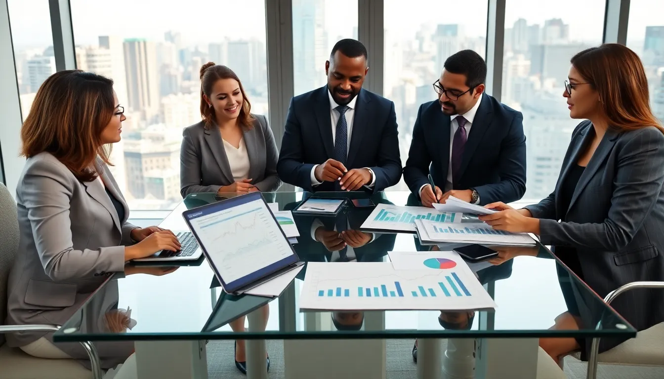 diverse financial advisors discussing mortgage rates in a modern office