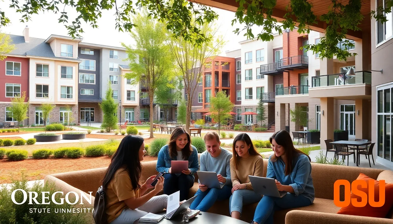 diverse students interacting in a modern OSU housing complex.