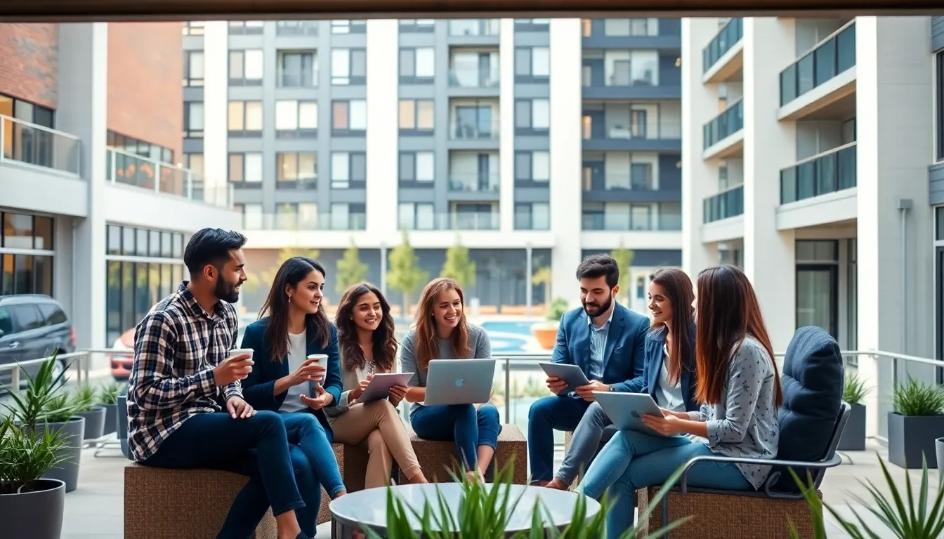 diverse group of students discussing housing in a modern apartment complex.