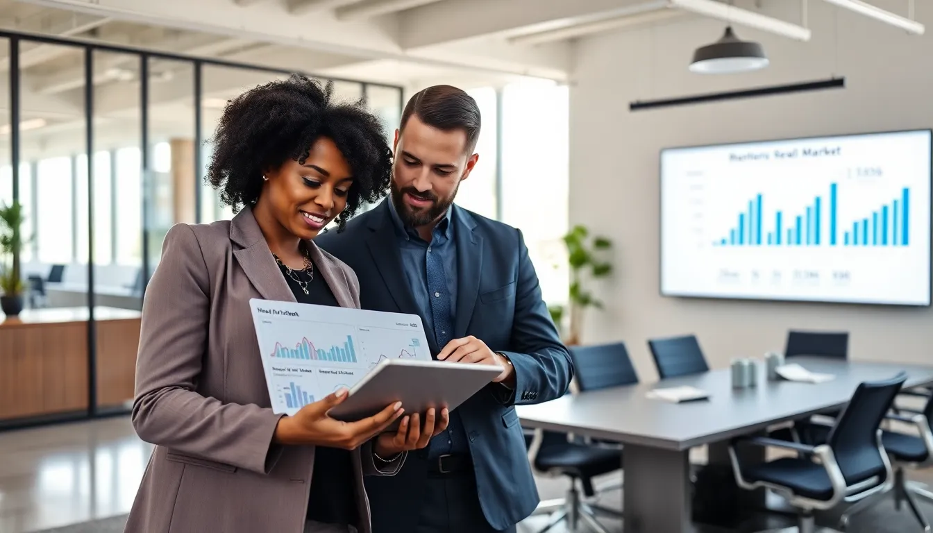 real estate professionals analyzing market data in a modern office.
