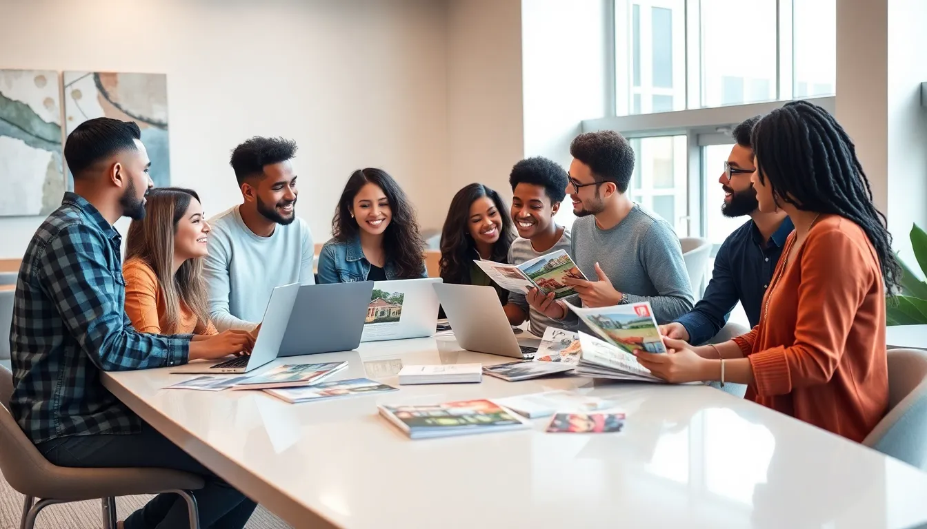 students discussing off-campus housing options at a university lounge.