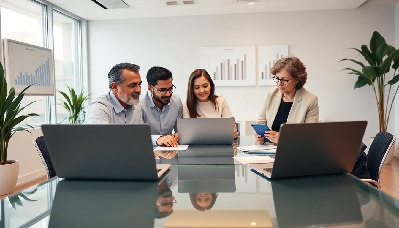 diverse financial team discussing mortgage options in a modern office.