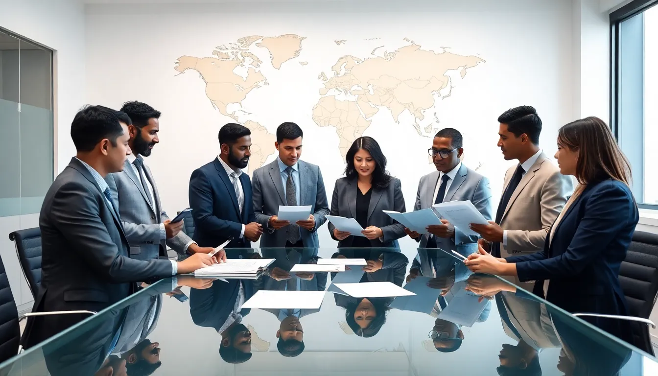 diverse team discussing international mortgage options in a modern office.