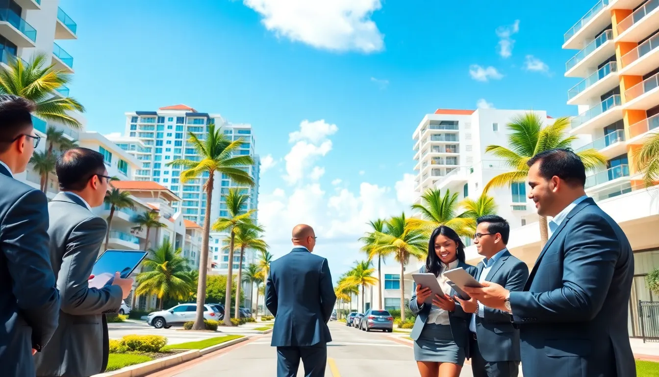 diverse real estate professionals discussing properties in a sunny Fort Lauderdale neighborhood.