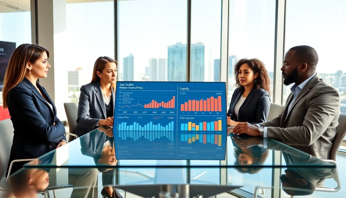 diverse team discussing real estate trends in a modern office.